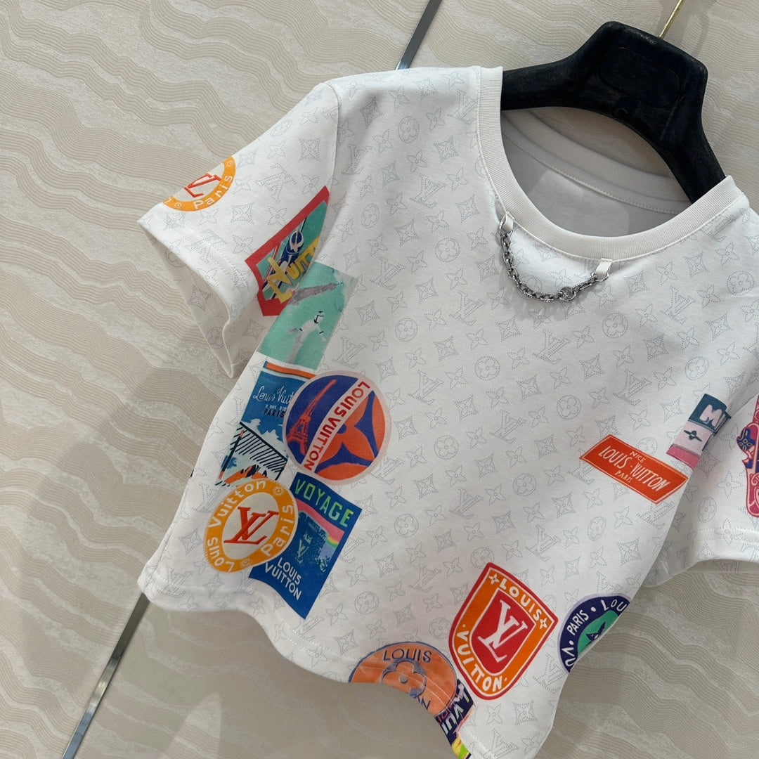 LV Pattern Logo Positioning Poster Badge Printed Croptop Shirt White Cotton