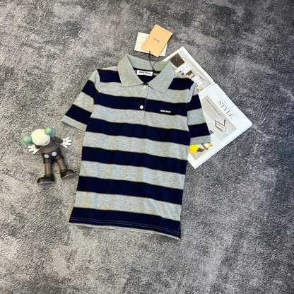 Miu SS26 Polo T-Shirt Striped Black Grey Cotton 350879