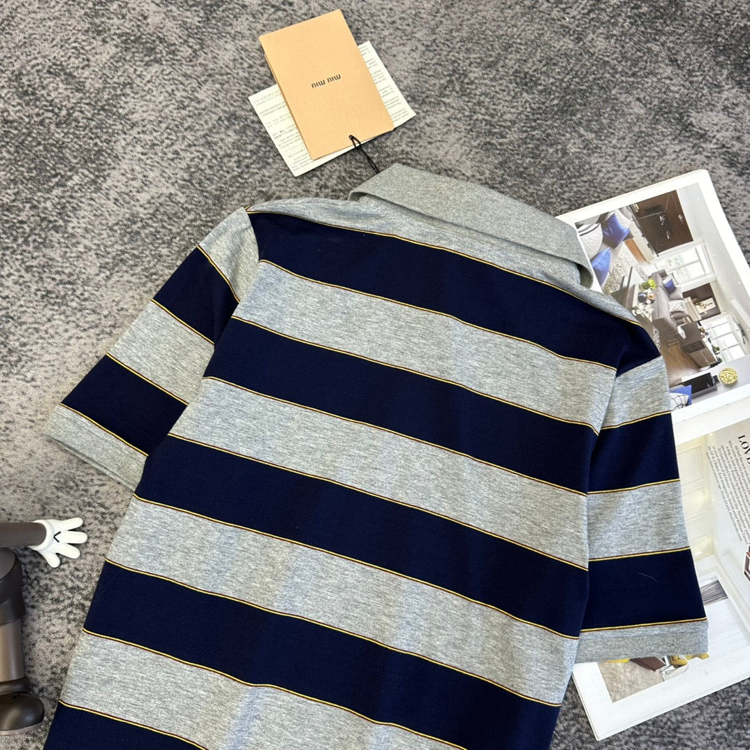 Miu SS26 Polo T-Shirt Striped Black Grey Cotton 350879
