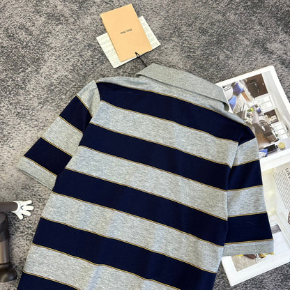 Miu SS26 Polo T-Shirt Striped Black Grey Cotton 350879