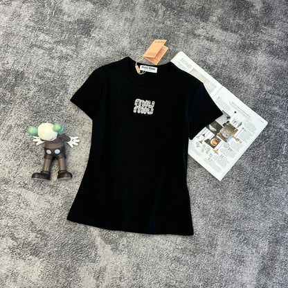Miu SS26 Crystals Logo Embroidery T-shirt Cotton 350561