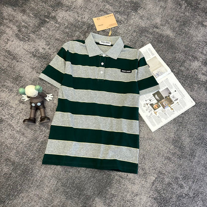 Miu SS26 Striped Jersey Polo Shirt Cotton 350620