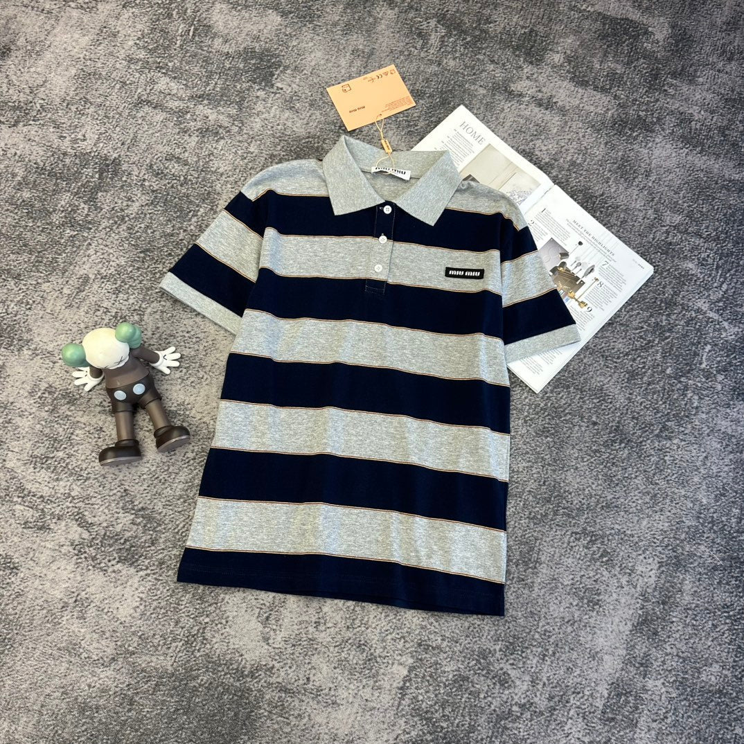 Miu SS26 Striped Jersey Polo Shirt Cotton 350620