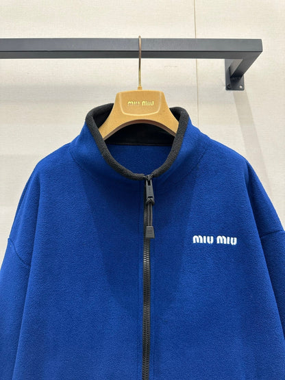 Miu Embroidered Fleece Hooded Zip-Up Jacket Dark Blue Cashmere 346106