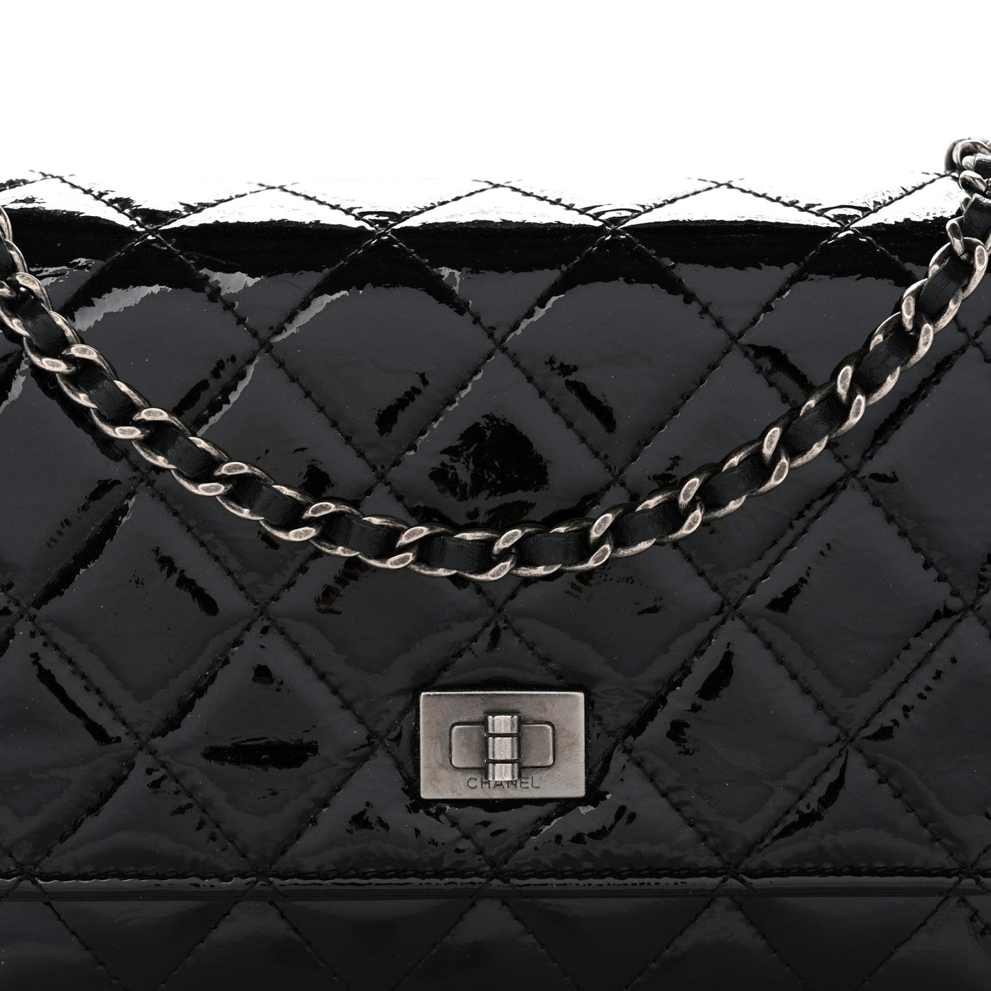 Distressed Patent Calfskin Quilted Reissue Wallet On Chain WOC Black