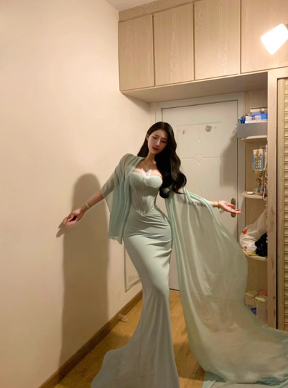 Mint Green Mermaid Sweetheart Neck Chiffon Satin Prom Dress Party Dress Date Dress SH3987