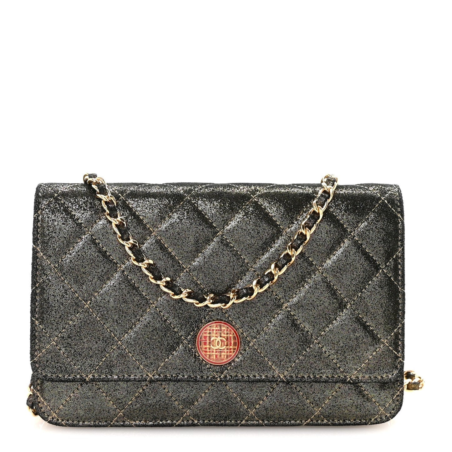 Iridescent Calfskin Quilted Tartan Button Wallet on Chain WOC Gold