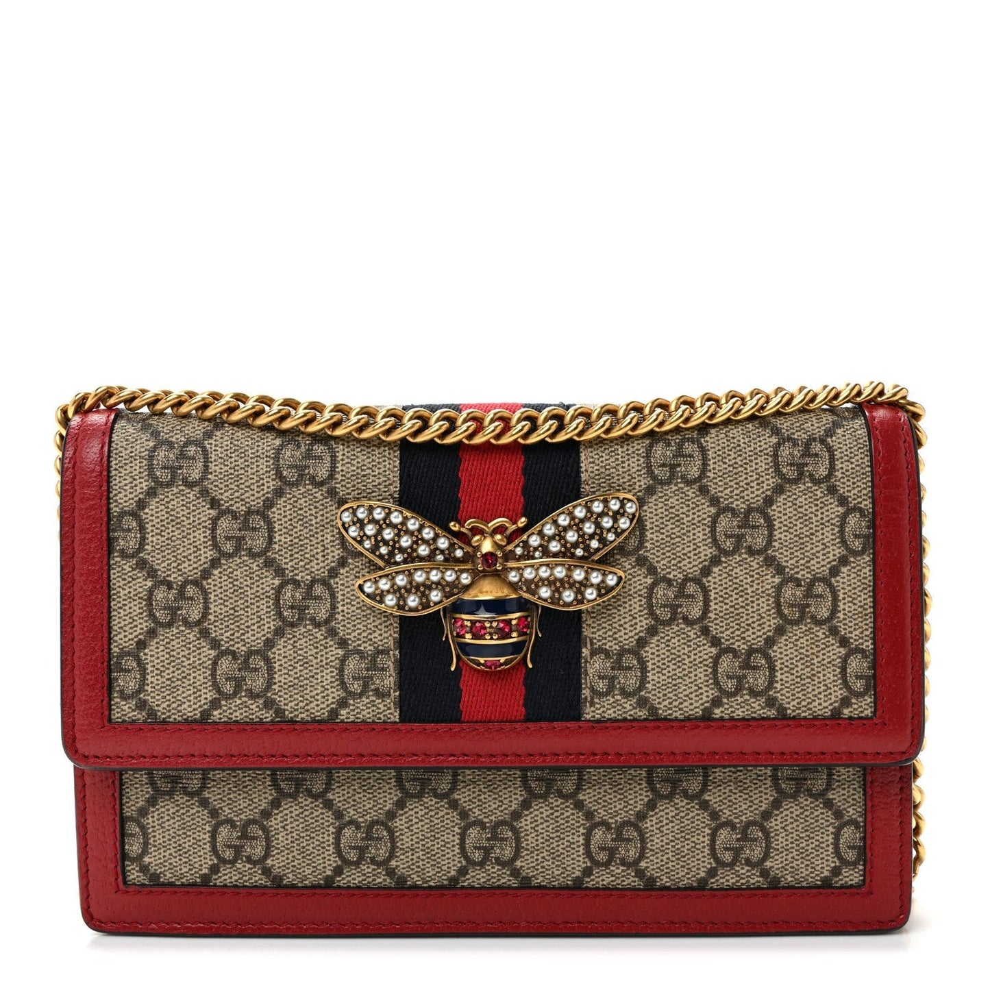 GG Supreme Monogram Web Queen Margaret Chain Wallet Red
