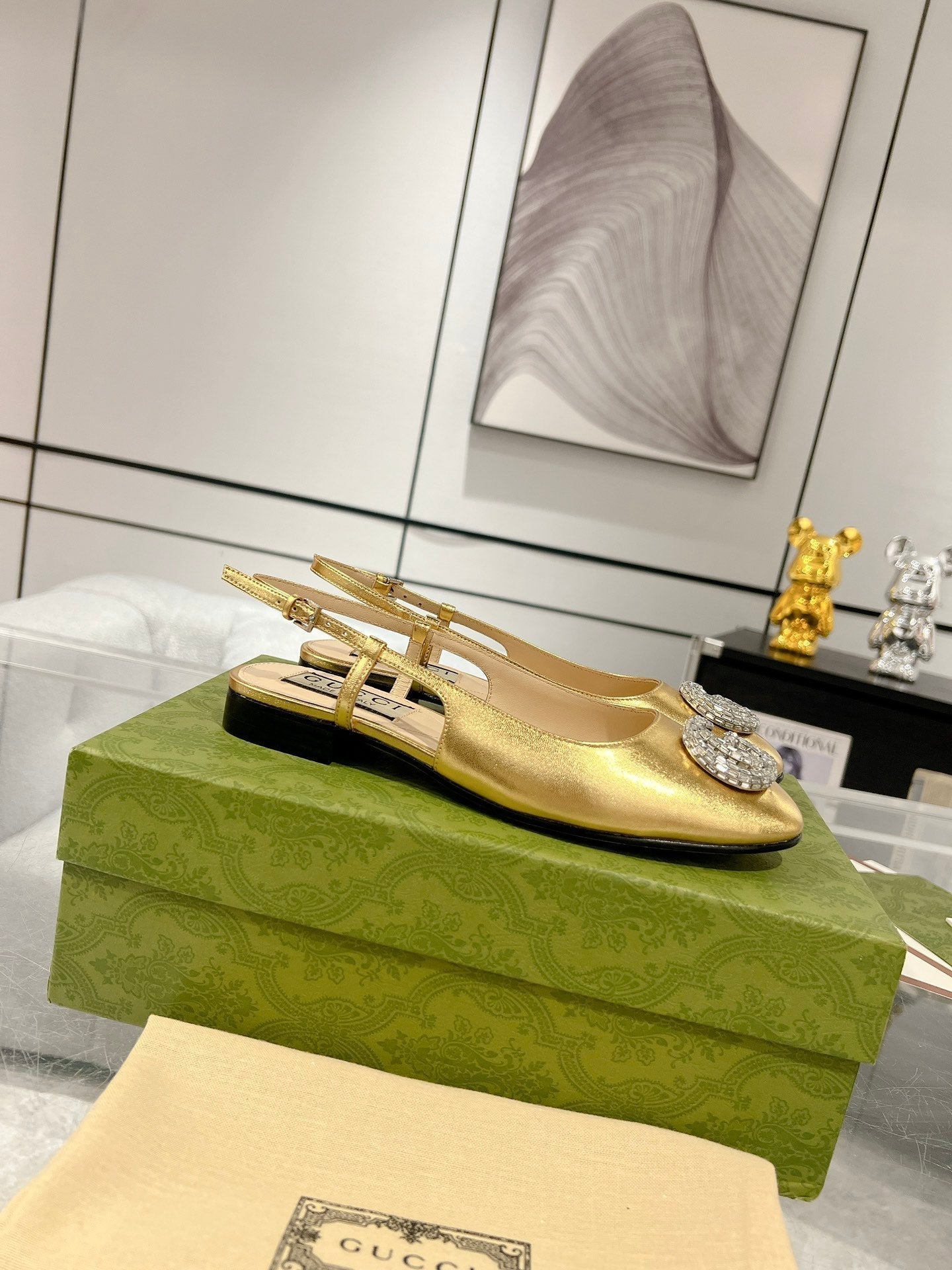 GG CRYSTALS SLINGBACK BALLET METALLIC GOLD CALFSKIN