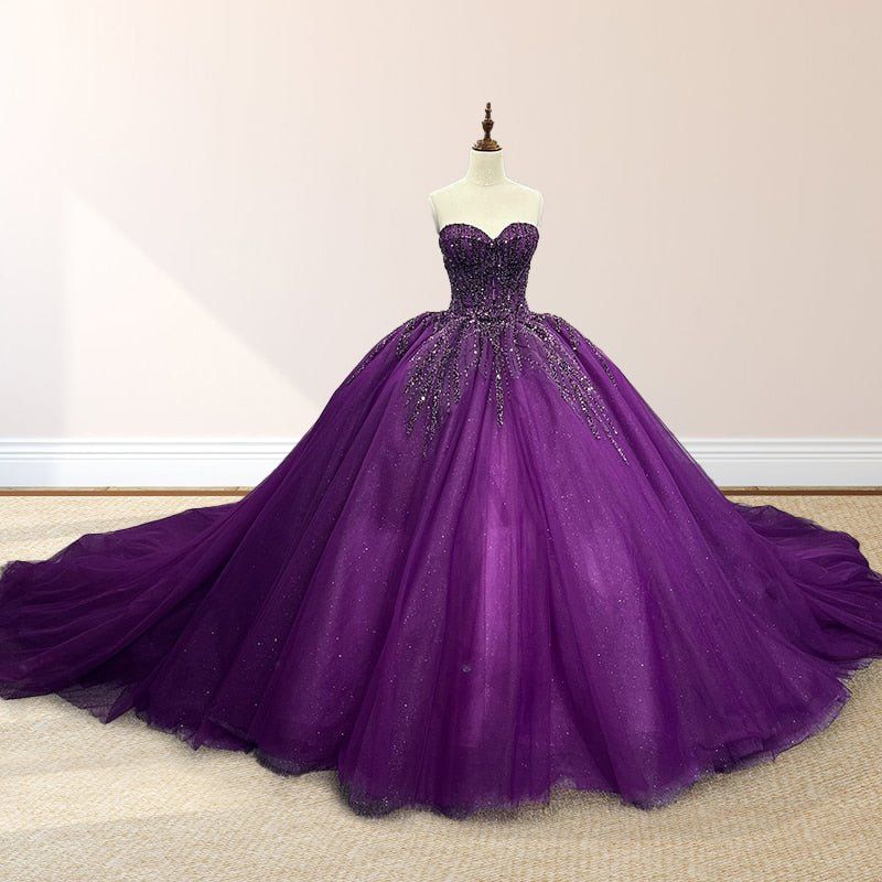 formaldressy-Purple shimmering, delicately beaded long tulle ball gown/wedding dress gh6186