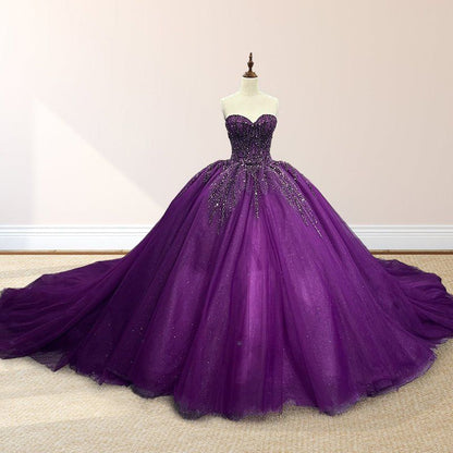 formaldressy-Purple shimmering, delicately beaded long tulle ball gown/wedding dress gh6186