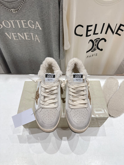 Golden Goose 2025 Wool-Lined Dirty Sneaker Ivory Black mix Gold Suede 491646