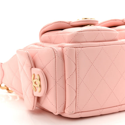 Shiny Lambskin Quilted Trendy Pockets Hobo Light Pink