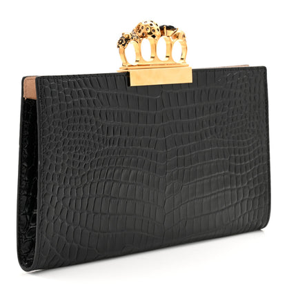 Calfskin Crocodile Embossed Knuckle Flat Clutch Black Gold