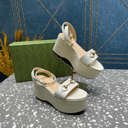 GG  HORSEBIT FLATFORM SANDAL GLOSSY WHITE CALFSKIN
