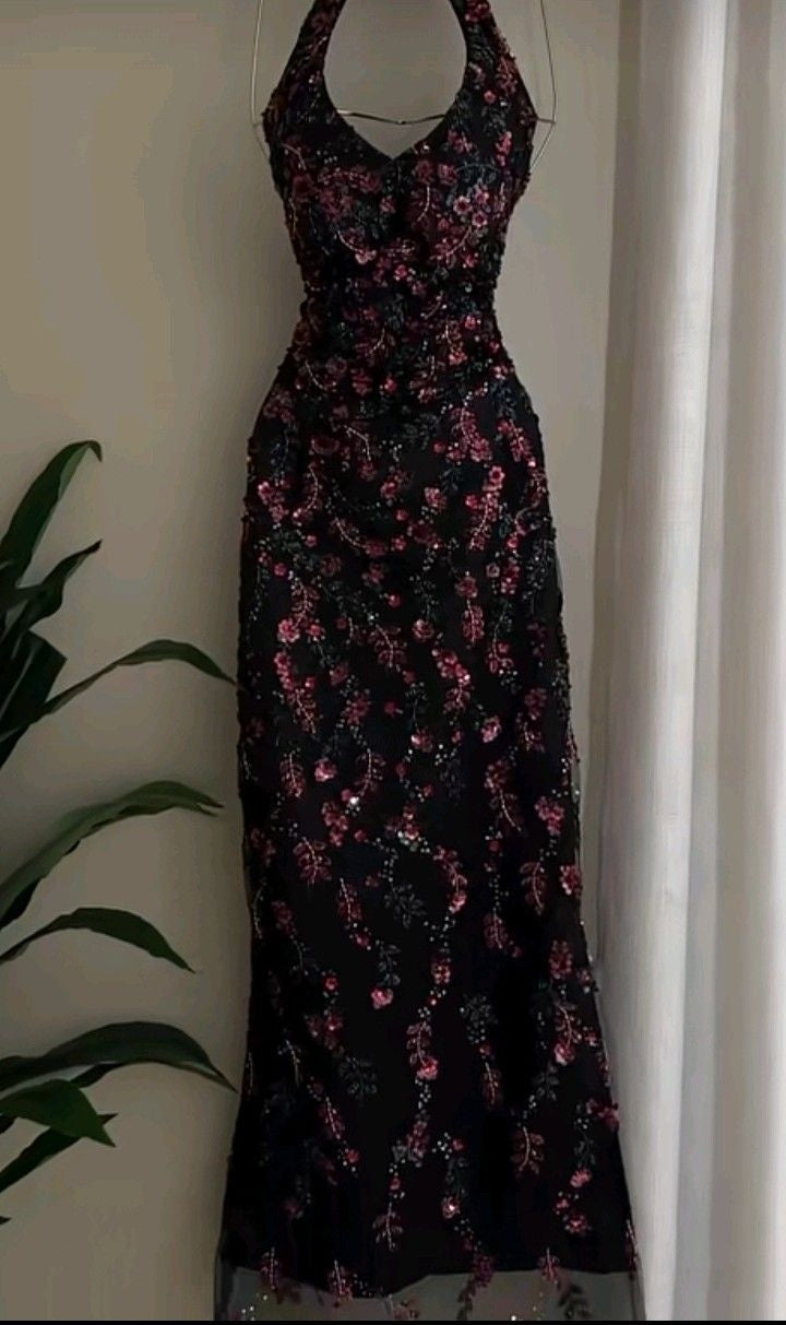 formaldressy-Black floral delicate and elegant long tulle gown gh6265