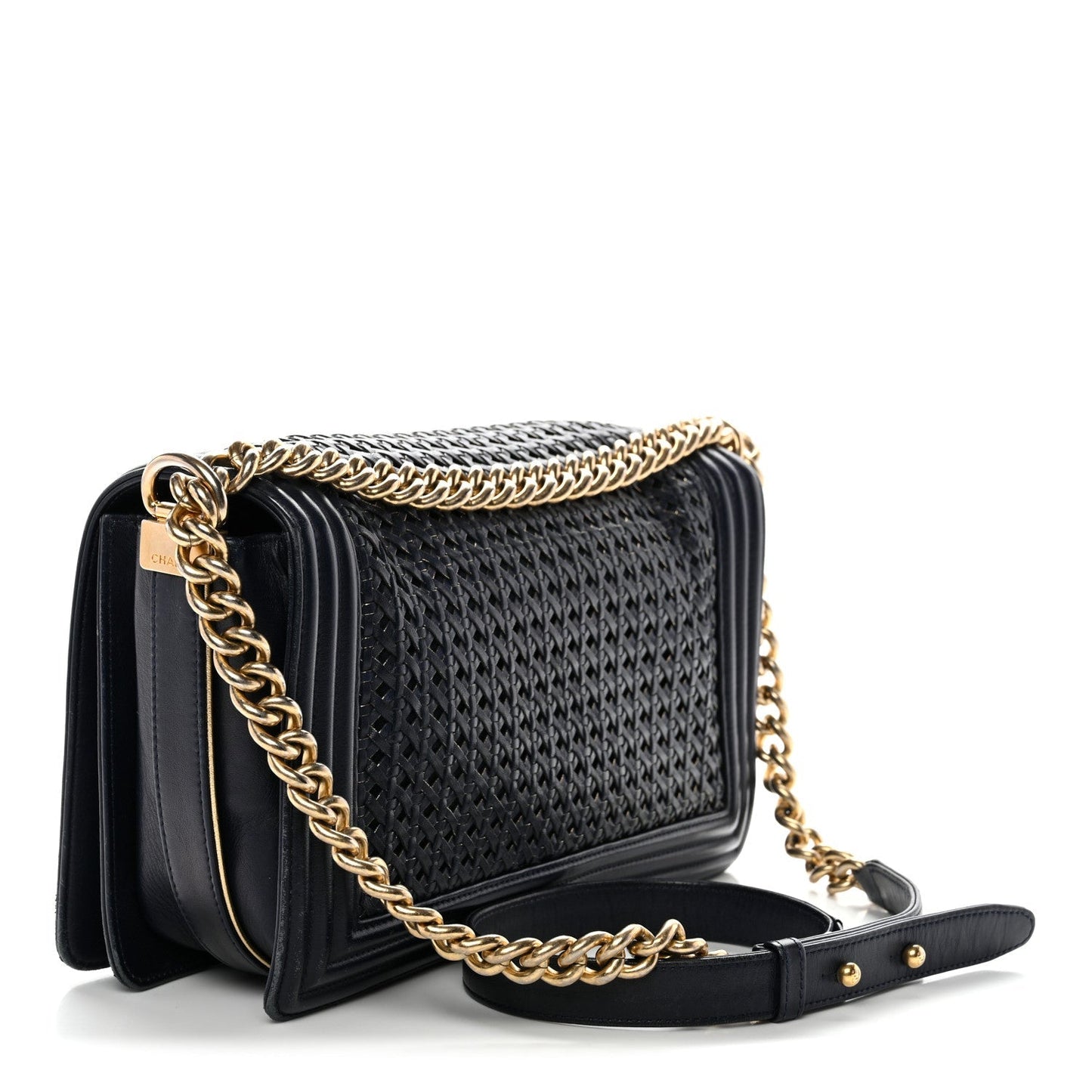 Lambskin Braided Woven Medium Boy Flap Navy Black