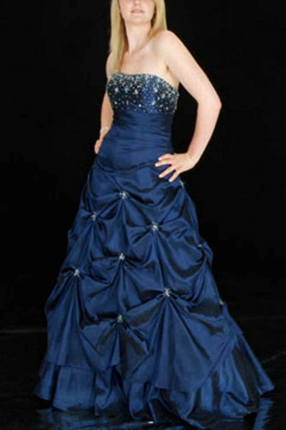 formaldressy-Elegant Navy Blue Strapless Ball Gown with Beaded Bodice and Ruched Embellished gh5814