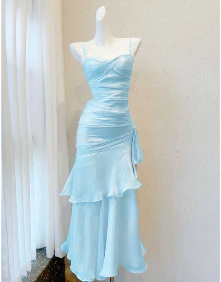 formaldressy-Blue elegant ruffled new style spaghetti strap long chiffon Prom Dress evening dress gh5254