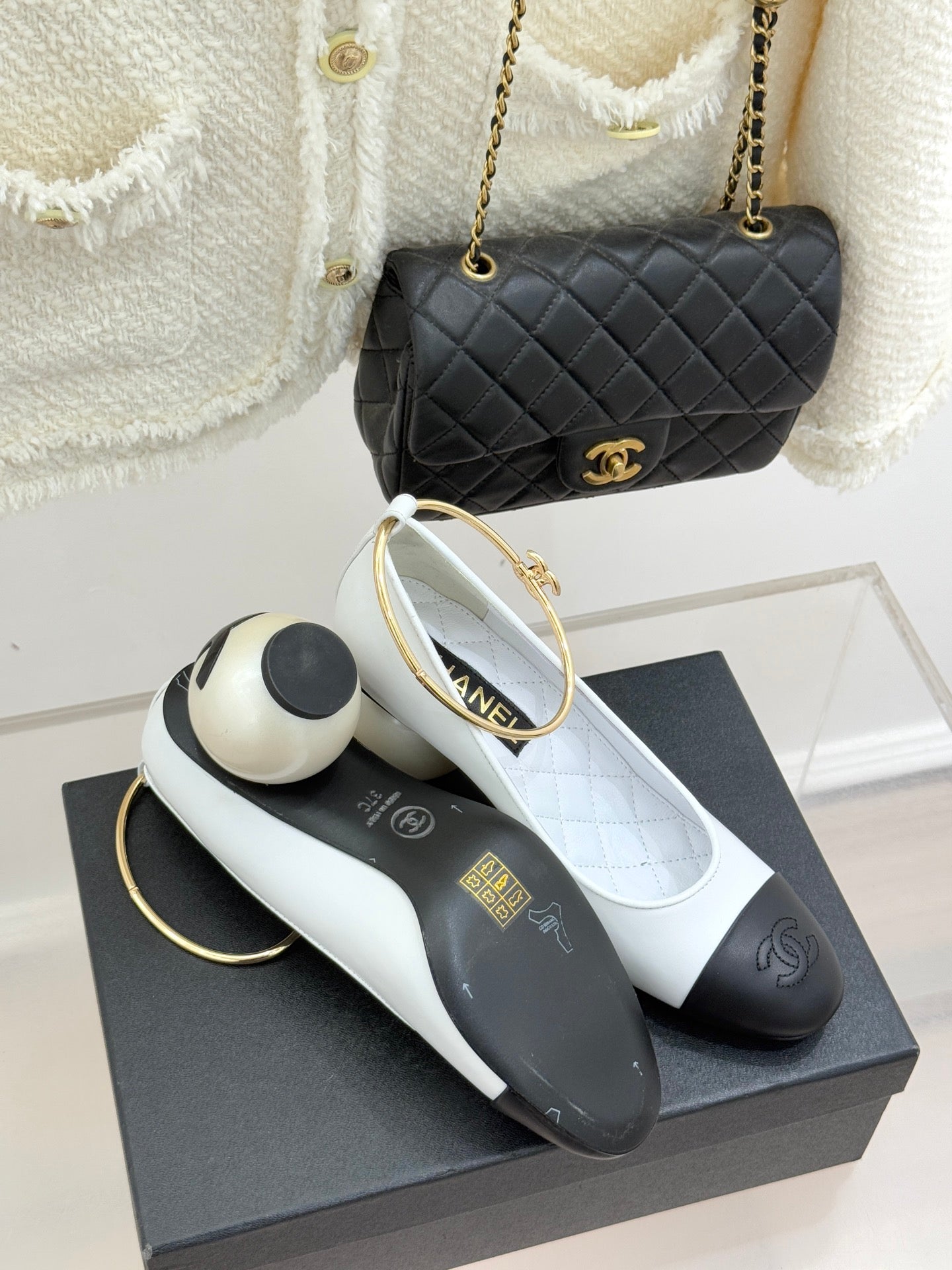 CC 26C Ribbon Camellia Mary Jane With Giant Pearl Black White Lambskin