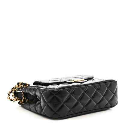 Shiny Crumpled Calfskin Quilted Small Wavy CC Hobo Black