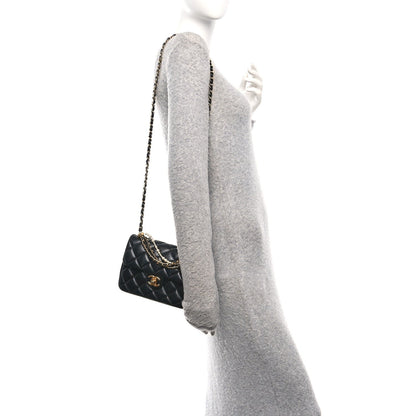 Shiny Lambskin Quilted Pearl Twist Mini Square Flap Black
