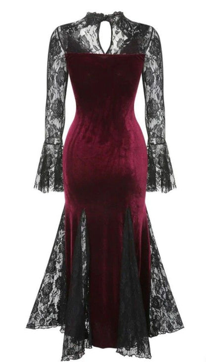 formaldressy-Burgundy velvet gothic lace long sleeve dress prom dress,evening dress gh5813
