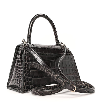 Shiny Calfskin Crocodile Embossed Small Hourglass Top Handle Bag Dark Grey