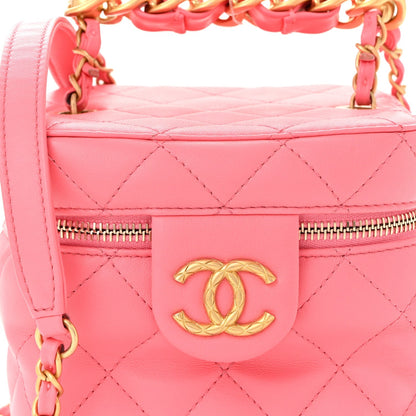 Calfskin Quilted Small Vanity Case With Chain Coral Pink