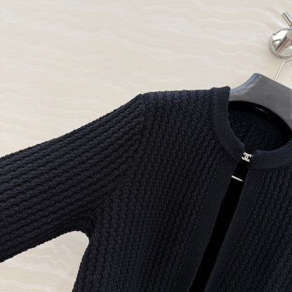 Chanel 26c Rhinestone Buckle Belt Cardigan Black Wool 333722