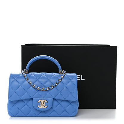 Lambskin Quilted Mini Top Handle Rectangular Flap Blue
