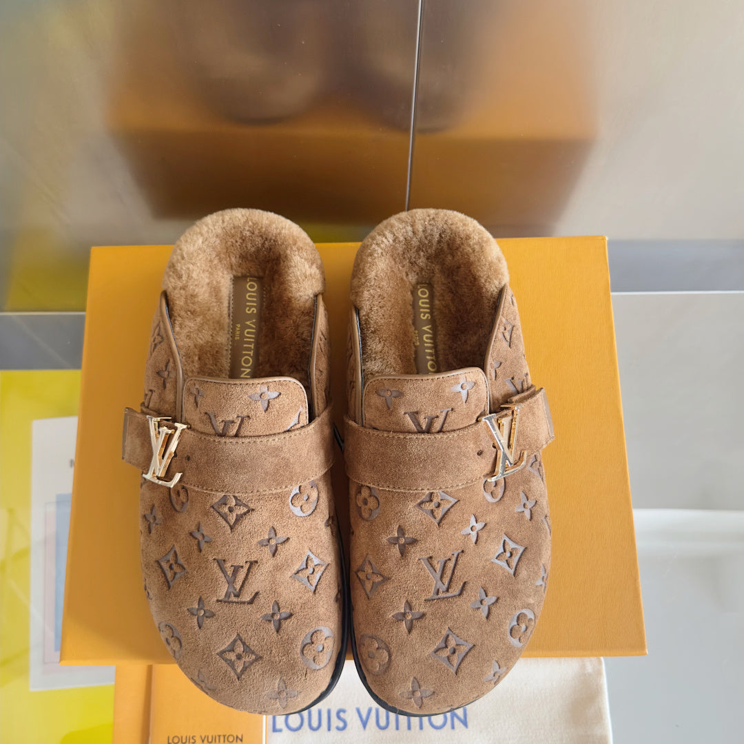 LV 25 Birkenstock Platform Slippers Brown Suede Wool 576215