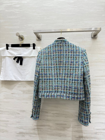 Chanel 2025 V-Neck Coat Blue Green Wool Tweed Fabric 319506