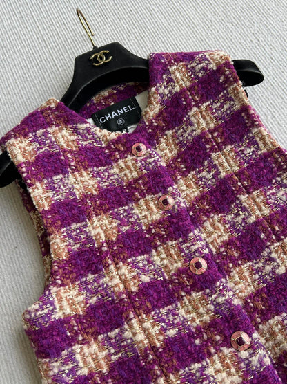 Chanel 2025 Plaid Tweed Vest Jacket Puprle Wool Polyester 325378