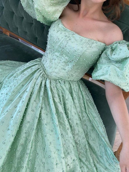 formaldressy-Green pearl beaded long satin short-sleeved princess dress long graduation dress gh5766