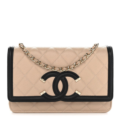 Caviar Quilted CC Filigree Wallet On Chain WOC Beige Black