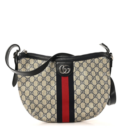 GG Supreme Monogram Textured Dollar Calfskin Web Small Ophidia Half Moon Hobo Beige Blue