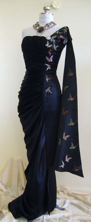 formaldressy-Navy Blue Butterfly Long Satin Fashion One Shoulder Floor Length  Prom Dress Evening Dress Graduation Dress gh5197