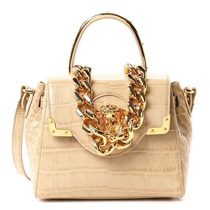 Calfskin Crocodile Embossed Small La Medusa Top Handle Bag Beige