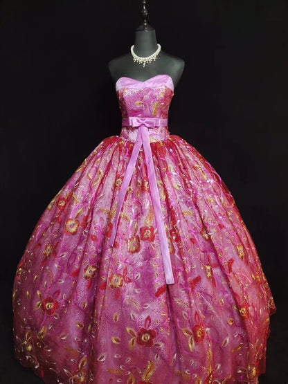 formaldressy-Pink Delicate Beaded Long Tulle Ball Gown gh6290