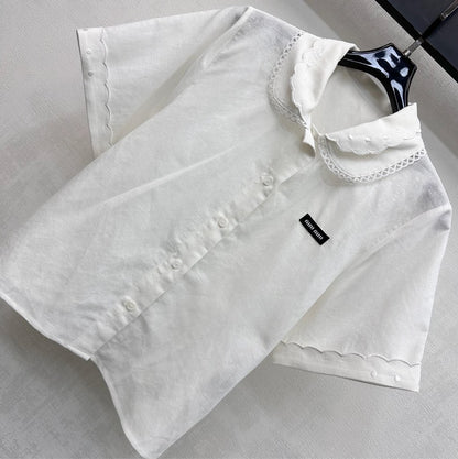 Miu SS26 Set Scalloped-Collar Shirt A-line Skirt White Cotton Linen 351916