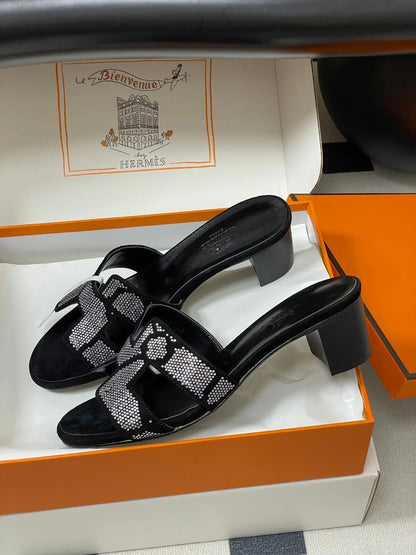 HM 25S ORAN HIGH‐HEEL SANDAL 50 MM IN BLACK LAMBSKIN WITH WHITE STONE DETAILS