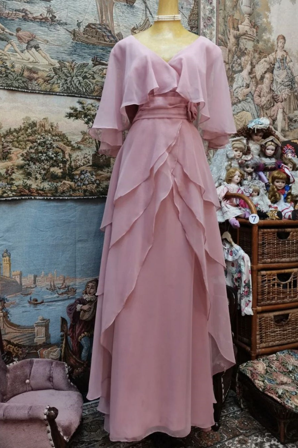 formaldressy-Pink cape-style flowing chiffon long prom dress gh5752