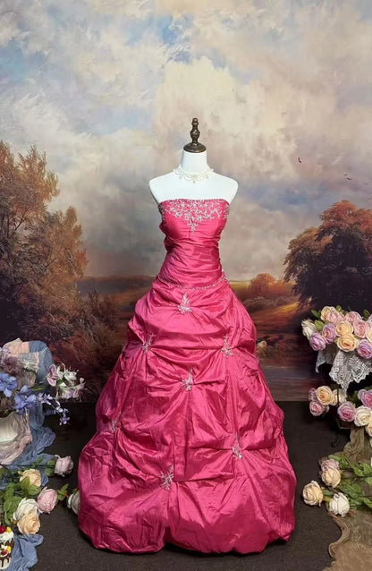 formaldressy-Pink Delicate Floral Long Satin Ball Gown gh6293