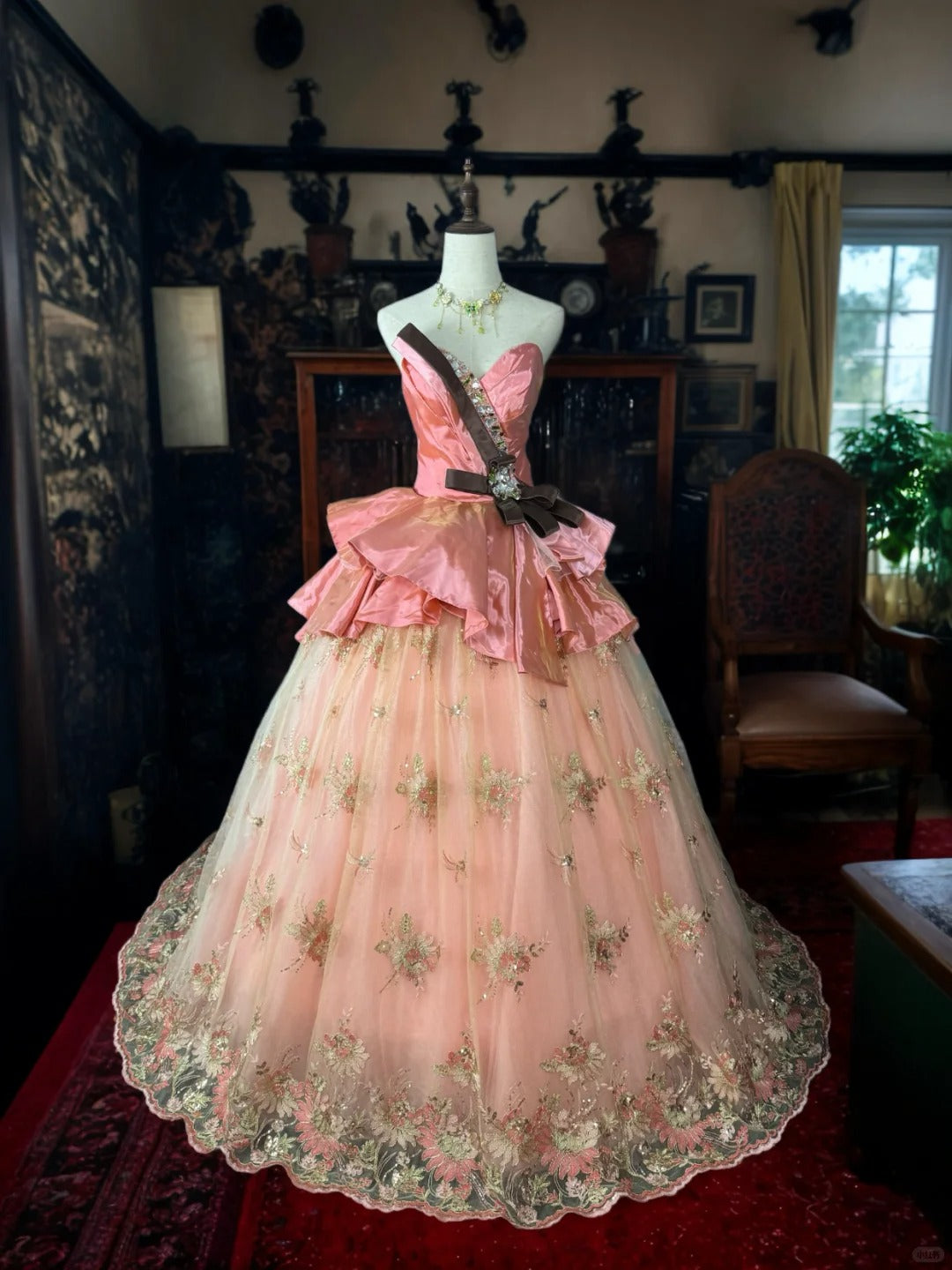 formaldressy-Pink Delicate Floral Long Tulle Ball Gown gh5351