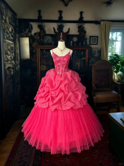 formaldressy-PDark Pink Glitter Tulle Princess Long Formal Prom Dress gh5359
