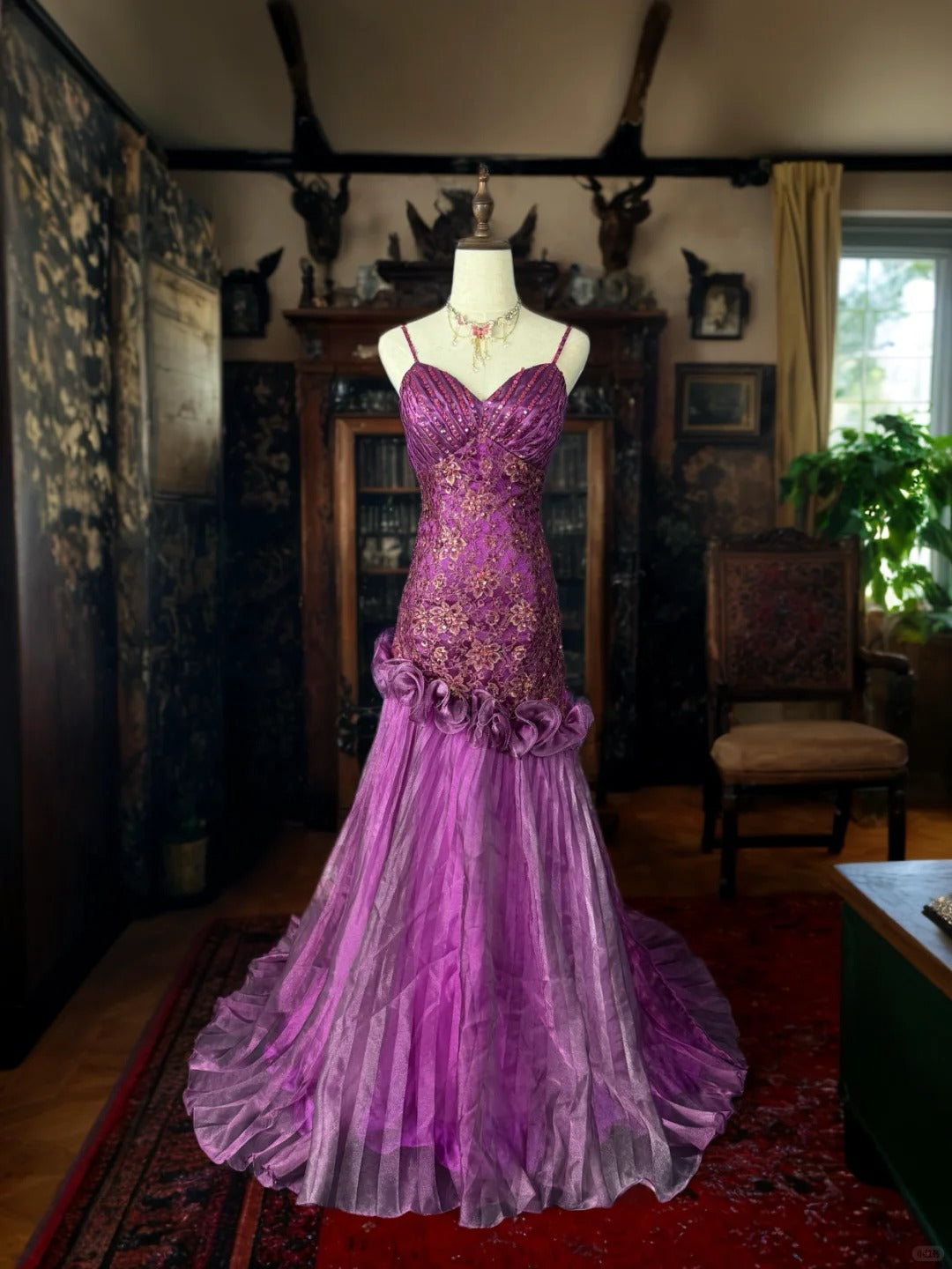 formaldressy-Purple gorgeous floral exquisite beaded long satin tulle mermaid prom dress evening dress gh5353