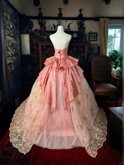 formaldressy-Pink Delicate Floral Long Tulle Ball Gown gh5351