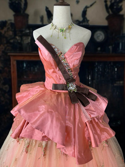 formaldressy-Pink Delicate Floral Long Tulle Ball Gown gh5351