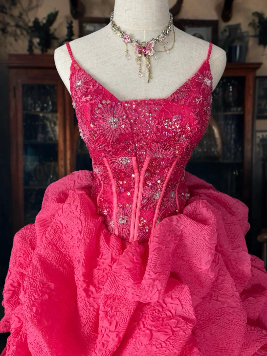 formaldressy-PDark Pink Glitter Tulle Princess Long Formal Prom Dress gh5359